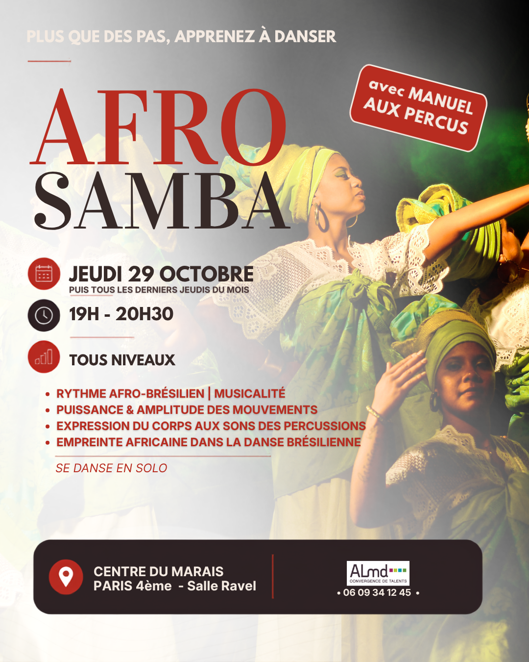 Cours d'afro samba avec percussions live chez ALMD School